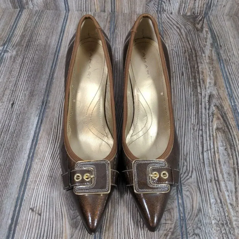 Tahari Adam Pointed Toe Heels Patent Glitter Bronze Brown‎ Designer Pumps Sz 6.5